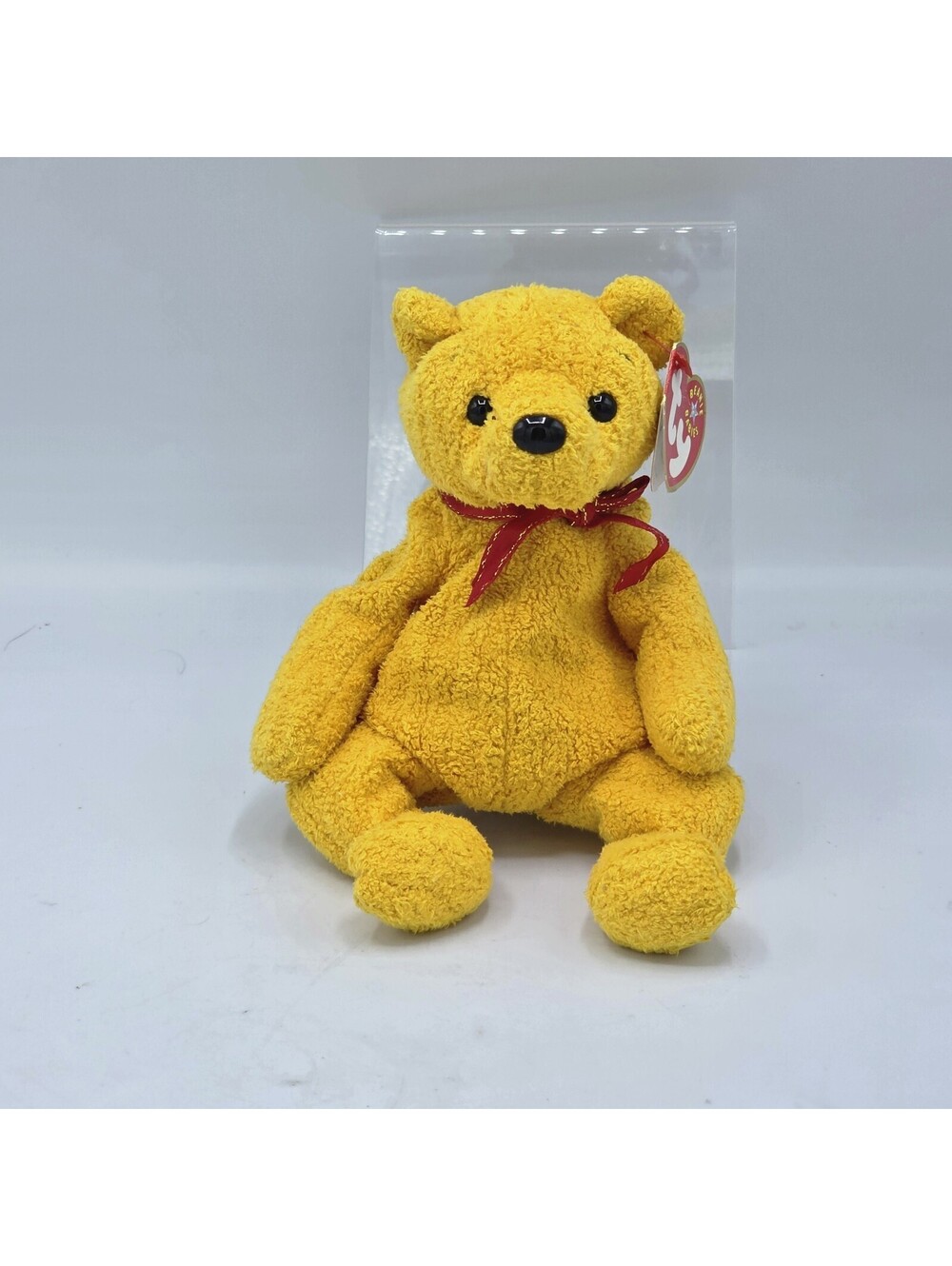 VTG TY Beanie Baby POOPSIE Stuffed Animal Bean Plush Yellow Bear w Red Bow 2001